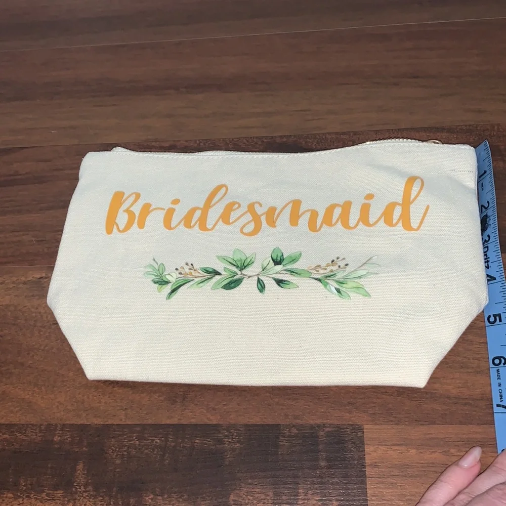 Bridesmaid Cream Makeup Bag Gold Script Wedding Party Gift Large 10.5x6.5